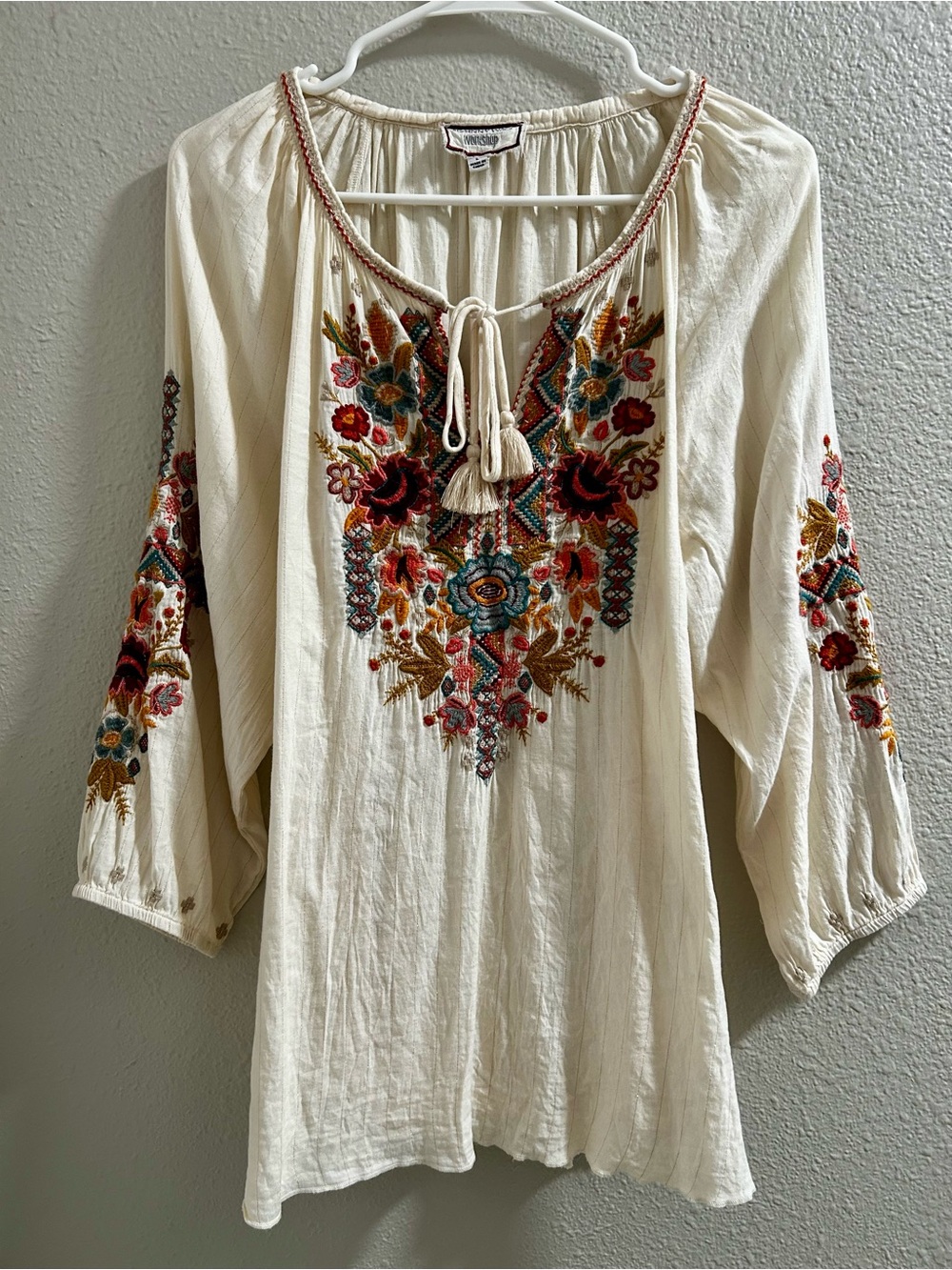 Johnny Was "Clansy" Embroidered Peasant Blouse Cream Boho Top Size L